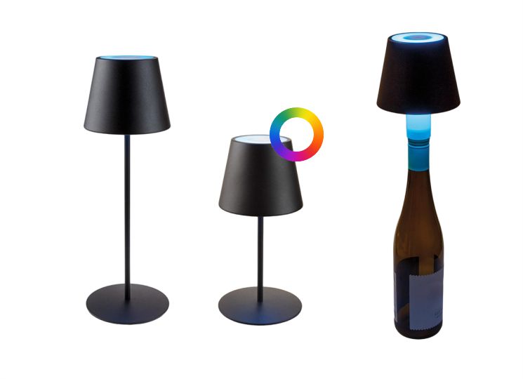 Kabellose Designleuchte aus Metall mit RGB-Ambientlight, Dimmer und Aufsatz für Flaschen.